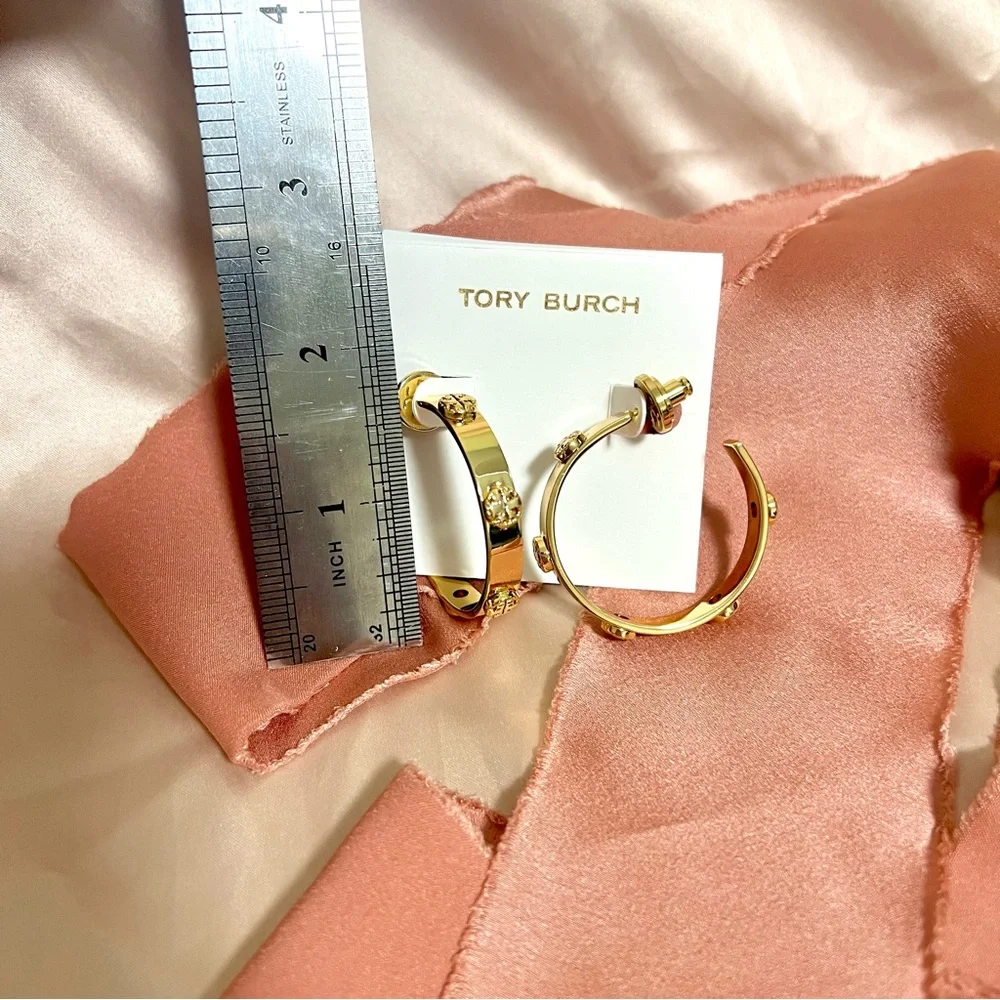 Tory Burch Miller Goldtone Logo Hoop Earrings - Picture 7 of 8